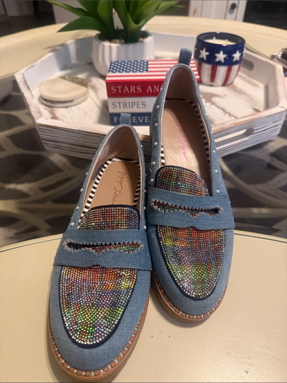Betsey Johnson Denim Blue Loafers with Multicolor Crystal Vamp